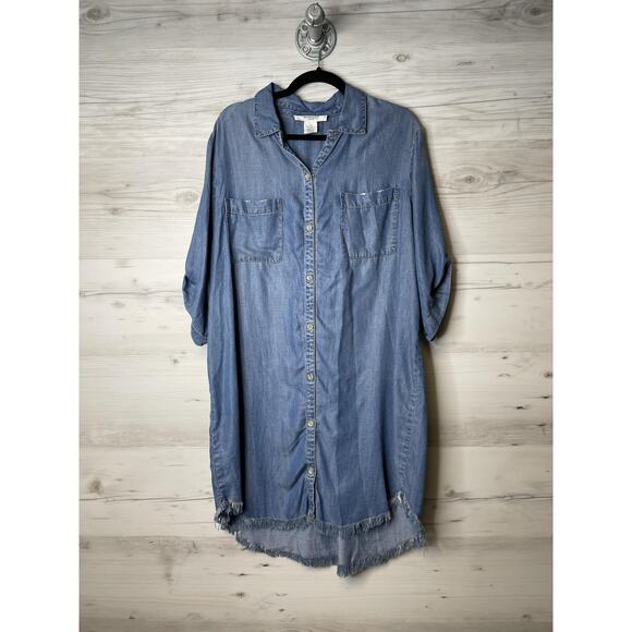 Workshop Dress Womens 1X Medium Blue Tencel Lyocell Frayed Hem Button Shirt - Picture 1 of 11